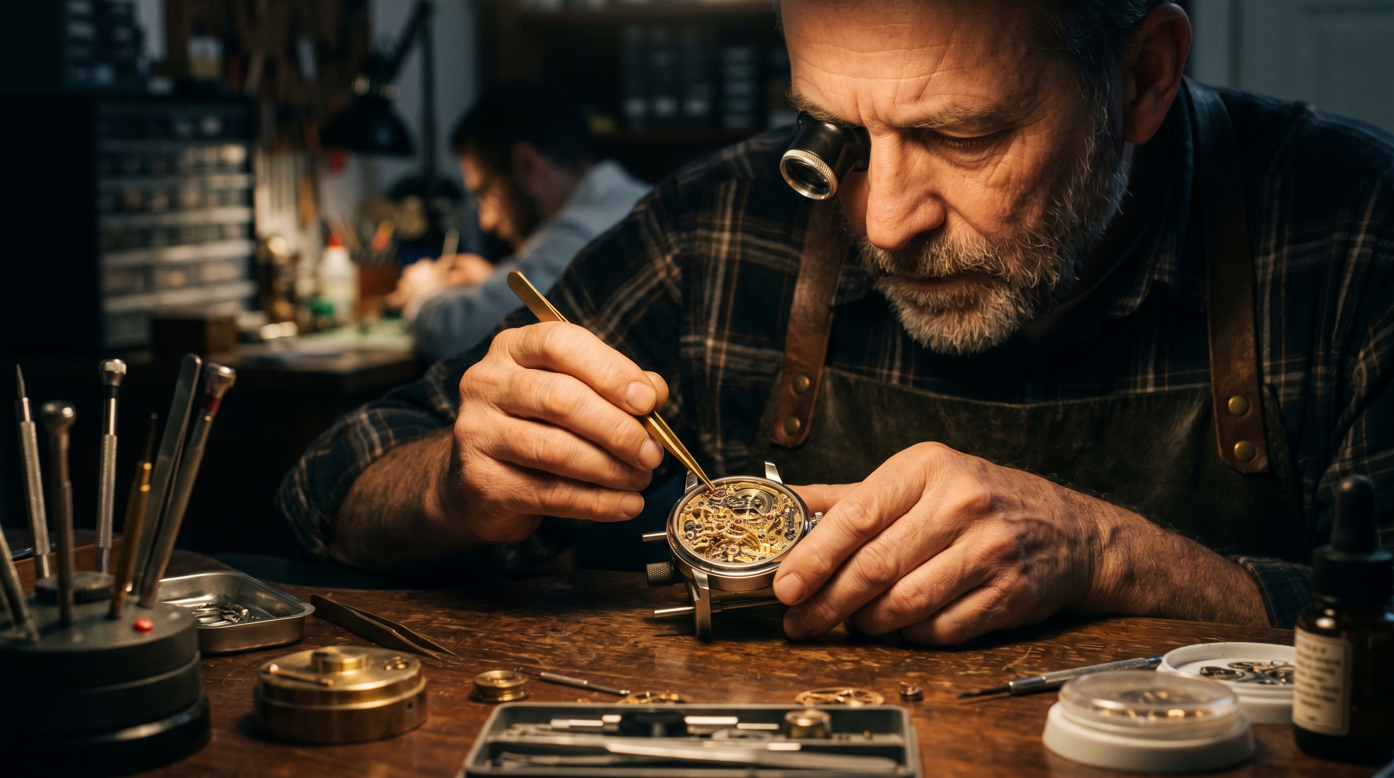 A watchmaker hand-finishing the movement