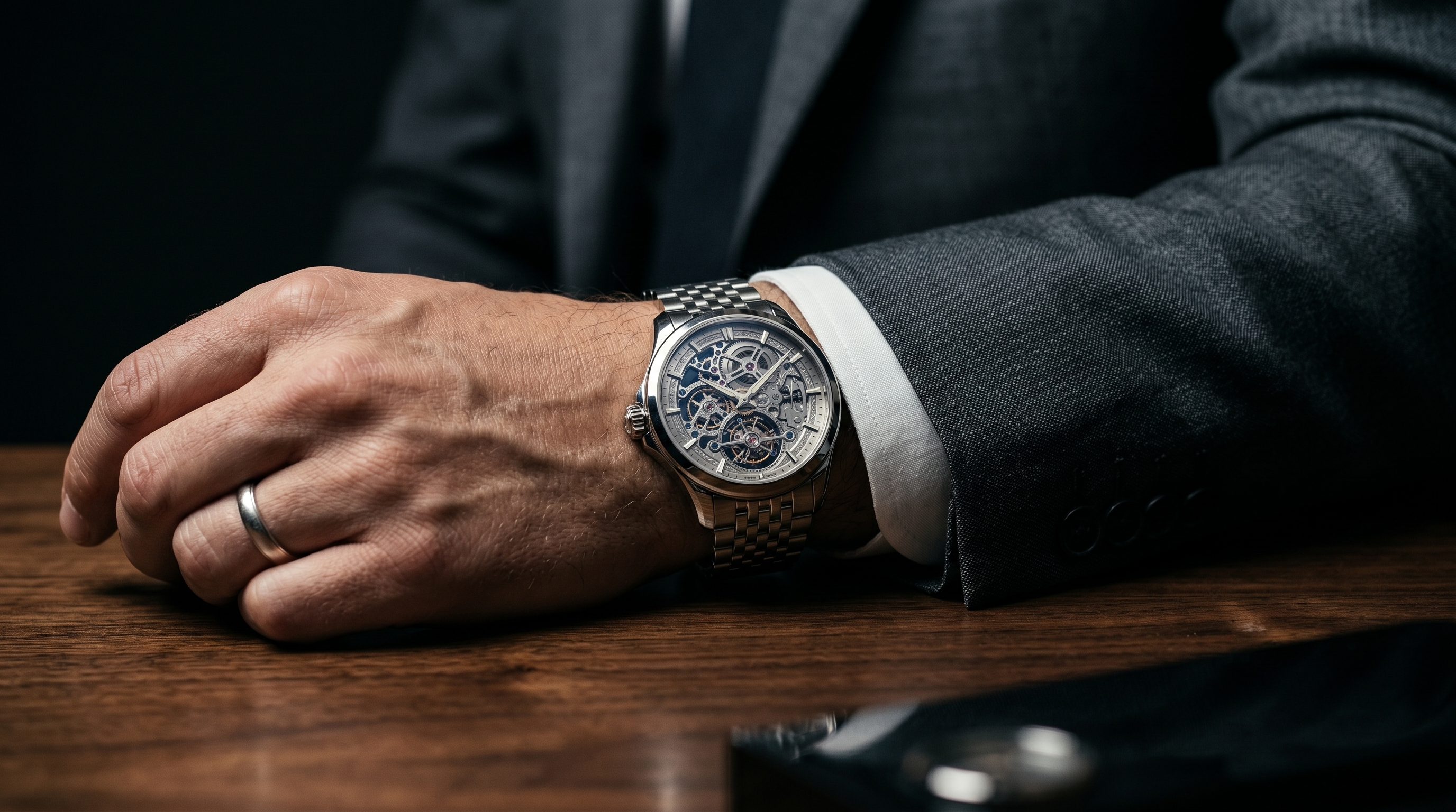 ELARA worn on the wrist with a tailored suit